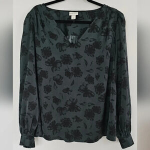 Ava & Viv Hunter green silk blouse w, black floral print.